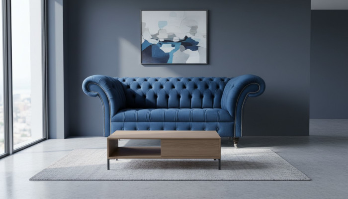 Design Chesterfield sofa set 2-seater couch fabric blue upholstered sofas blue