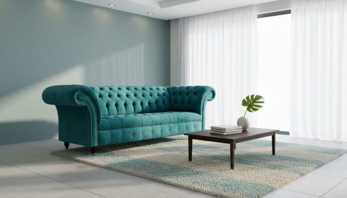 Chesterfield Couch Upholstered Sofas Classic Textile Turquoise 3-Seater Fabric