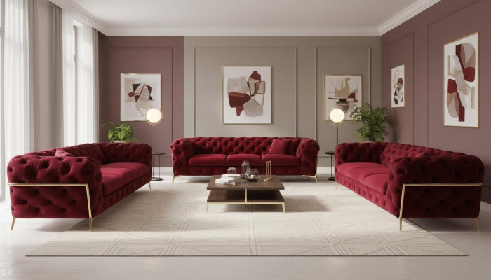 Chesterfield Sofa Velvet Couch Upholstered Seats 3+3 Seat Set Design Couches Sofas