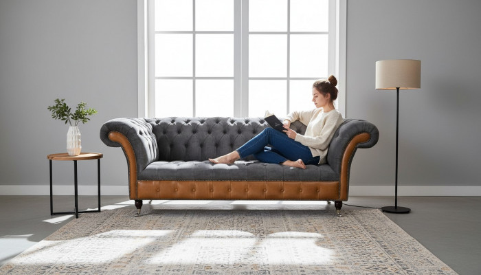 Chesterfield Sofa Couch Upholstery 3-Seater Gray Textile Fabric Gray Couches