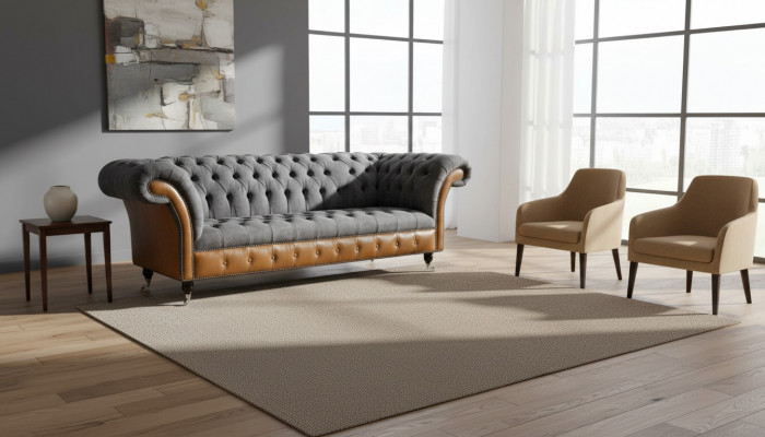 Chesterfield Sofa Couch Upholstery 3-Seater Gray Textile Fabric Gray Couches