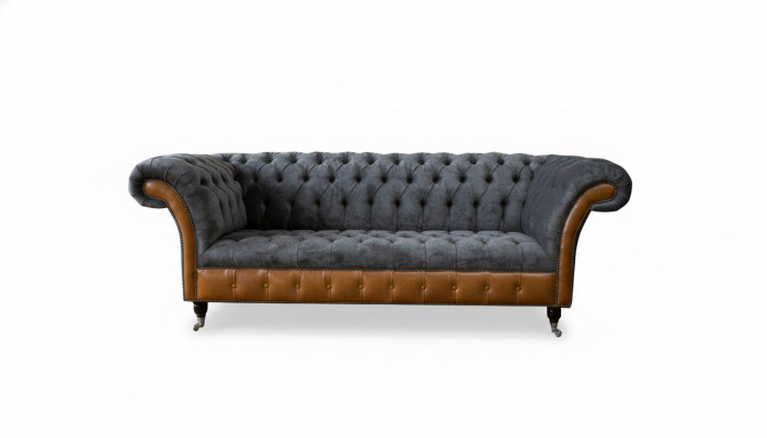Chesterfield Sofa Couch Upholstery 3-Seater Gray Textile Fabric Gray Couches