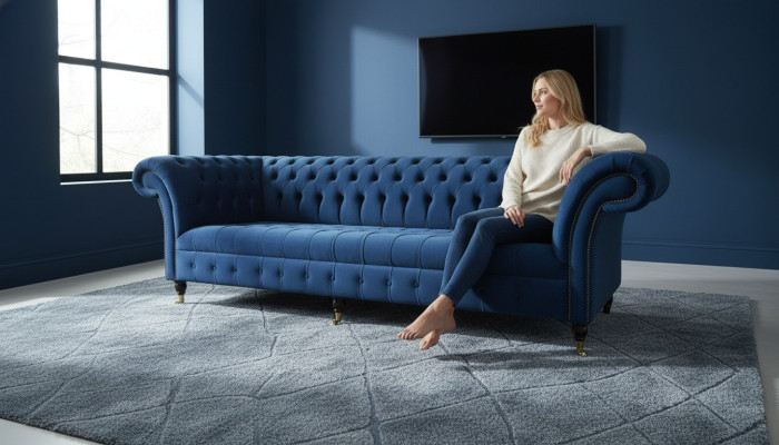 Design sofa 4-seater couch textile upholstery blue classic sofas Chesterfield new