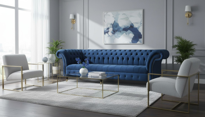 Design sofa 4-seater couch textile upholstery blue classic sofas Chesterfield new