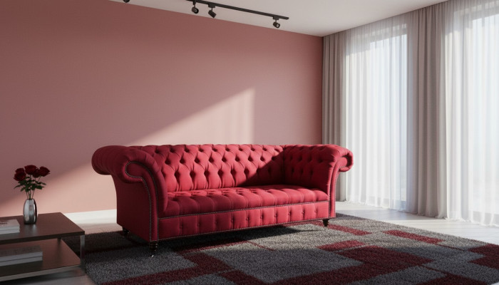 Three-seater design upholstered fabric sofa 3-piece furniture Chesterfield luxury red couches