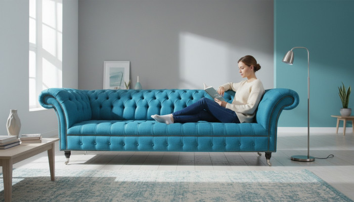 Blue XXL Big Sofa Couch Chesterfield 265cm Upholstered Sofas 4 Seater Velvet Fabric