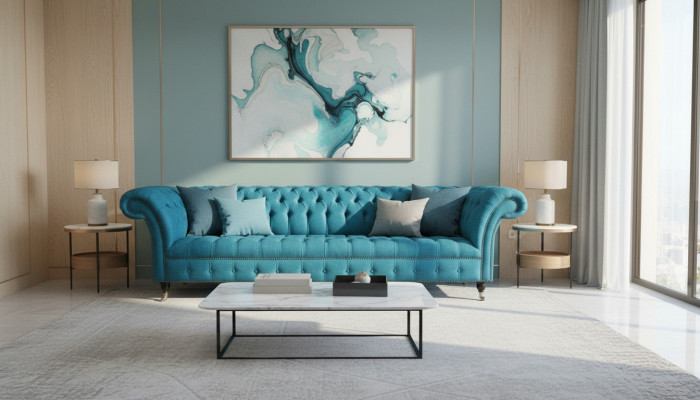 Blue XXL Big Sofa Couch Chesterfield 265cm Upholstered Sofas 4 Seater Velvet Fabric