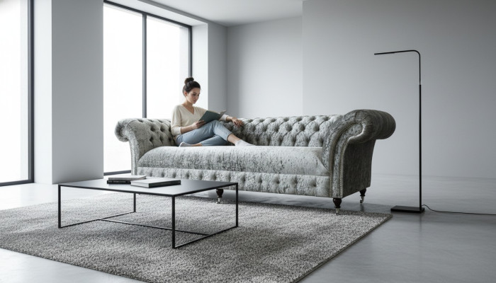 Chesterfield Upholstered Couch Fabric Sofas Sofa Seating Set Velvet Silver 4 Seater