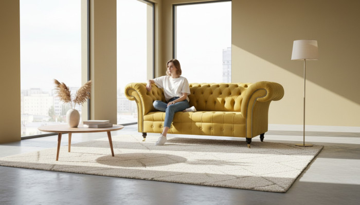 2-seater sofa design, upholstered modern seating, fabric yellow two-seater new couch