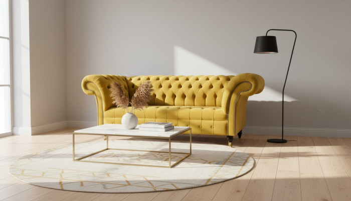 2-seater sofa design, upholstered modern seating, fabric yellow two-seater new couch