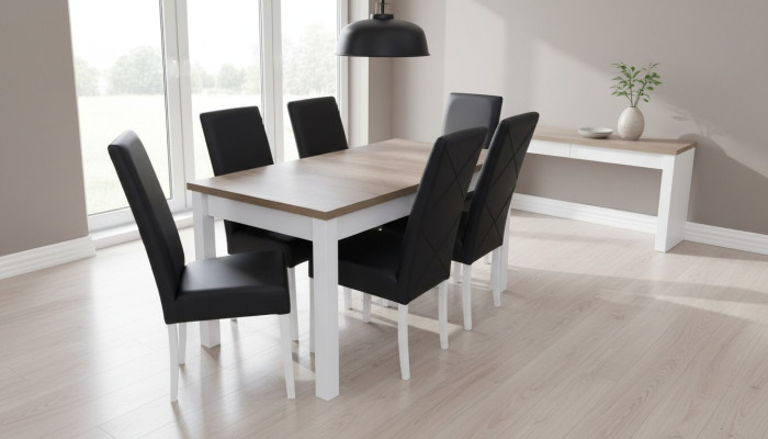 Complete dining table set: 6 chairs, dining room set, dining group, wood, leather, table, tables, 7 pieces