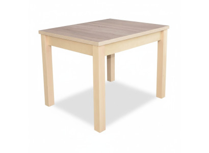 Stylish dining table with wooden top in beige color, modern dining room