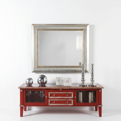 Classic wall mirror with wooden frame, mirror, luxury furniture, silver hanging glass frame wall.