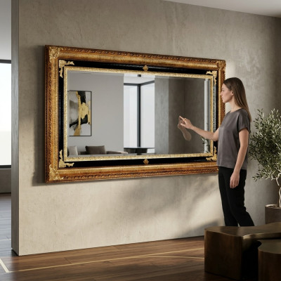 Classic wall mirror with wooden frame, mirror furniture 107x197 glass frame wall gold