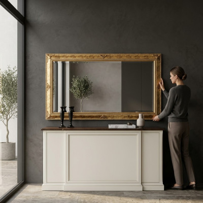 Wall mirror with wooden frame, hanging mirror, golden mirror, wall mirror, living room, new.