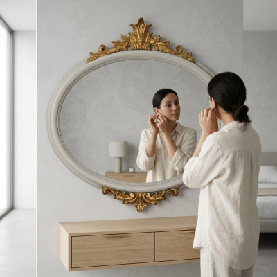 Round mirror wall mirror hallway living room bath wood glass design decoration SP7240