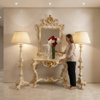4-piece group set, classic style 2x lamp console table with mirror furniture