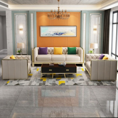 Beige Chesterfield Sofa Set 3+2 Seater Upholstered Sofas Leather Living Room Set
