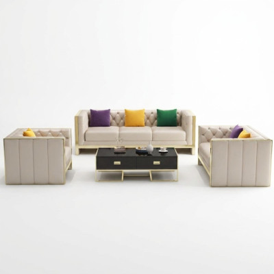 Beige Chesterfield Sofa Set 3+2 Seater Upholstered Sofas Leather Living Room Set