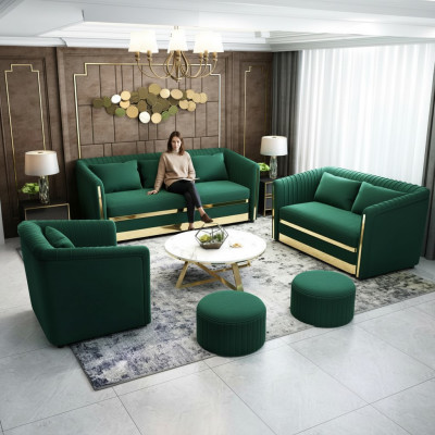 Green stainless steel sofa set 3+2 upholstered living room couches