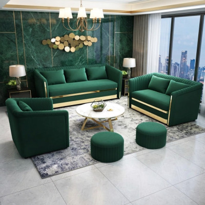 Green stainless steel sofa set 3+2 upholstered living room couches