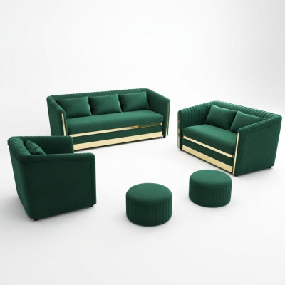 Green stainless steel sofa set 3+2 upholstered living room couches