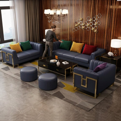 Blue leather sofa set, 3+2 seater set, upholstered sofas, living room couches
