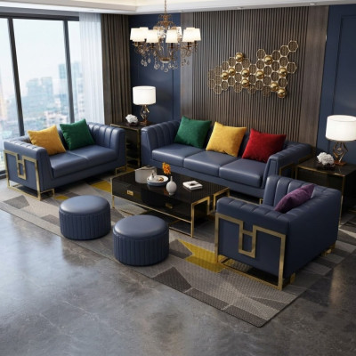 Blue leather sofa set, 3+2 seater set, upholstered sofas, living room couches