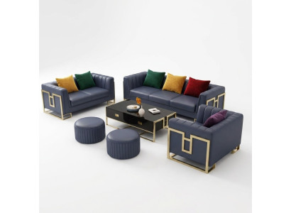 Blue leather sofa set, 3+2 seater set, upholstered sofas, living room couches