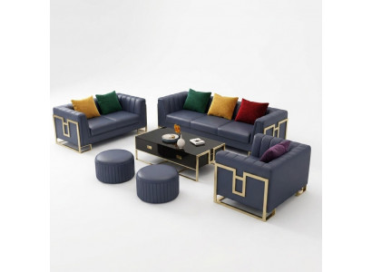 Blue leather sofa set, 3+2 seater set, upholstered sofas, living room couches