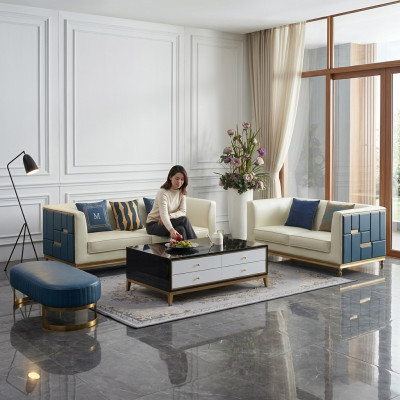Sofa set 3+2 seater, side table, coffee table, stool, 4-piece living room.