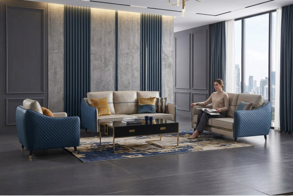 Blue-beige sofa set 3+2 leather seat set design upholstered couches decorative furniture