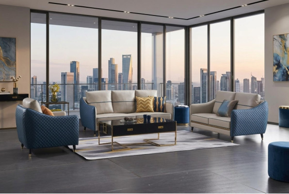 Blue-beige sofa set 3+2 leather seat set design upholstered couches decorative furniture