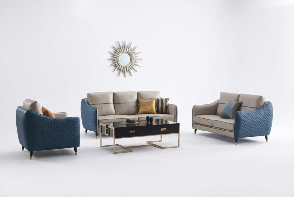 Blue-beige sofa set 3+2 leather seat set design upholstered couches decorative furniture