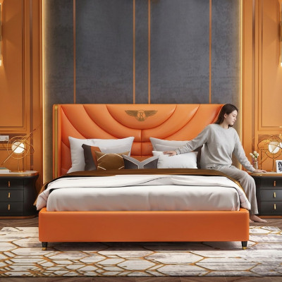 Wood design bed double luxury marriage hotel modern frame sleeping room.