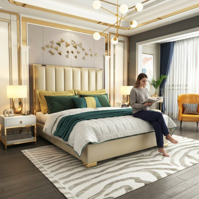 Luxury bedroom furniture bed 2x bedside table set beds hotel furniture 3-piece set.