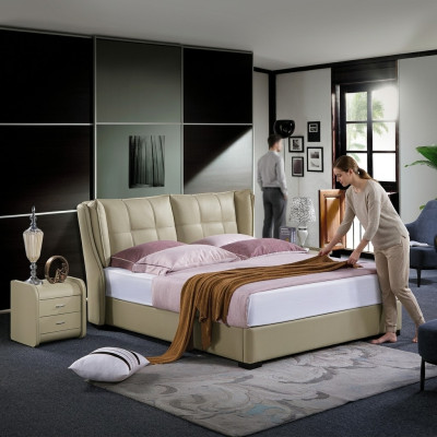 Classic bedroom bed beige textile beds leather upholstery double 180x200cm.