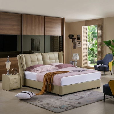 Classic bedroom bed beige textile beds leather upholstery double 180x200cm.
