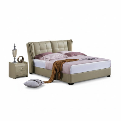 Classic bedroom bed beige textile beds leather upholstery double 180x200cm.