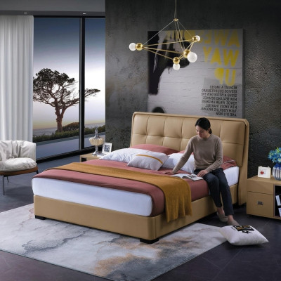 Classic bedroom bed, white textile beds, leather upholstery, double 180x200cm