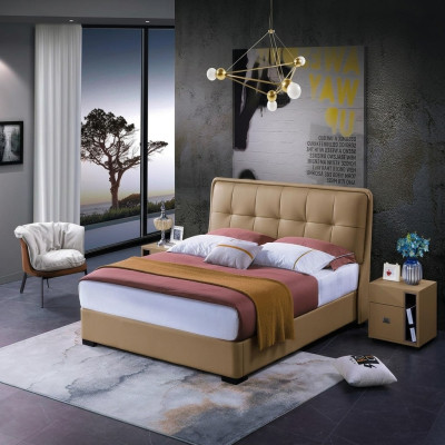 Classic bedroom bed, white textile beds, leather upholstery, double 180x200cm