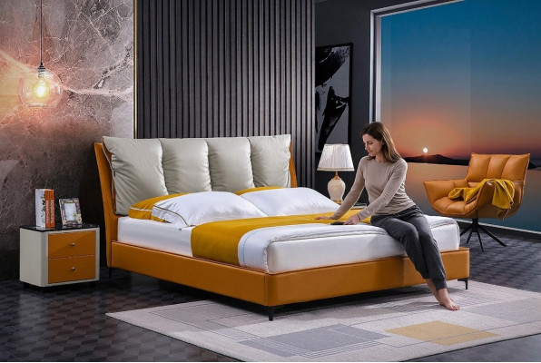 Luxury bed design fabric hotel orange beds bedroom furniture hotel double new
