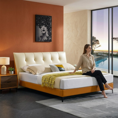 Designer bed orange leather hotel faux leather beds double sleep room