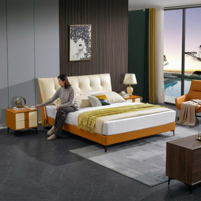 Luxury leather bed double couple upholstered hotel complete set nightstands