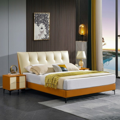 Luxury leather bed double couple upholstered hotel complete set nightstands