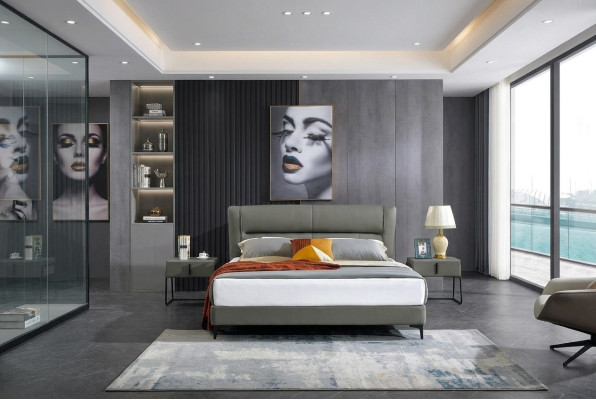 Bedroom leather bed complete bed 3-piece set hotel sets bedside tables.