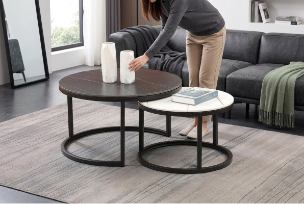 Living room round set 2x coffee table side table designer