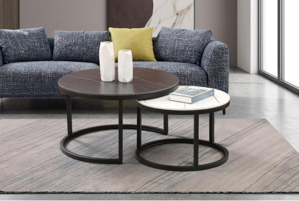 Living room round set 2x coffee table side table designer
