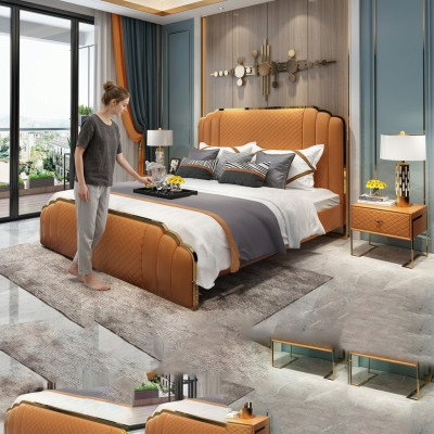 Design Leather Bed Bedroom 3-Piece Set 2x Nightstand Beds Luxury Furniture