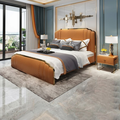 Design Leather Bed Bedroom 3-Piece Set 2x Nightstand Beds Luxury Furniture